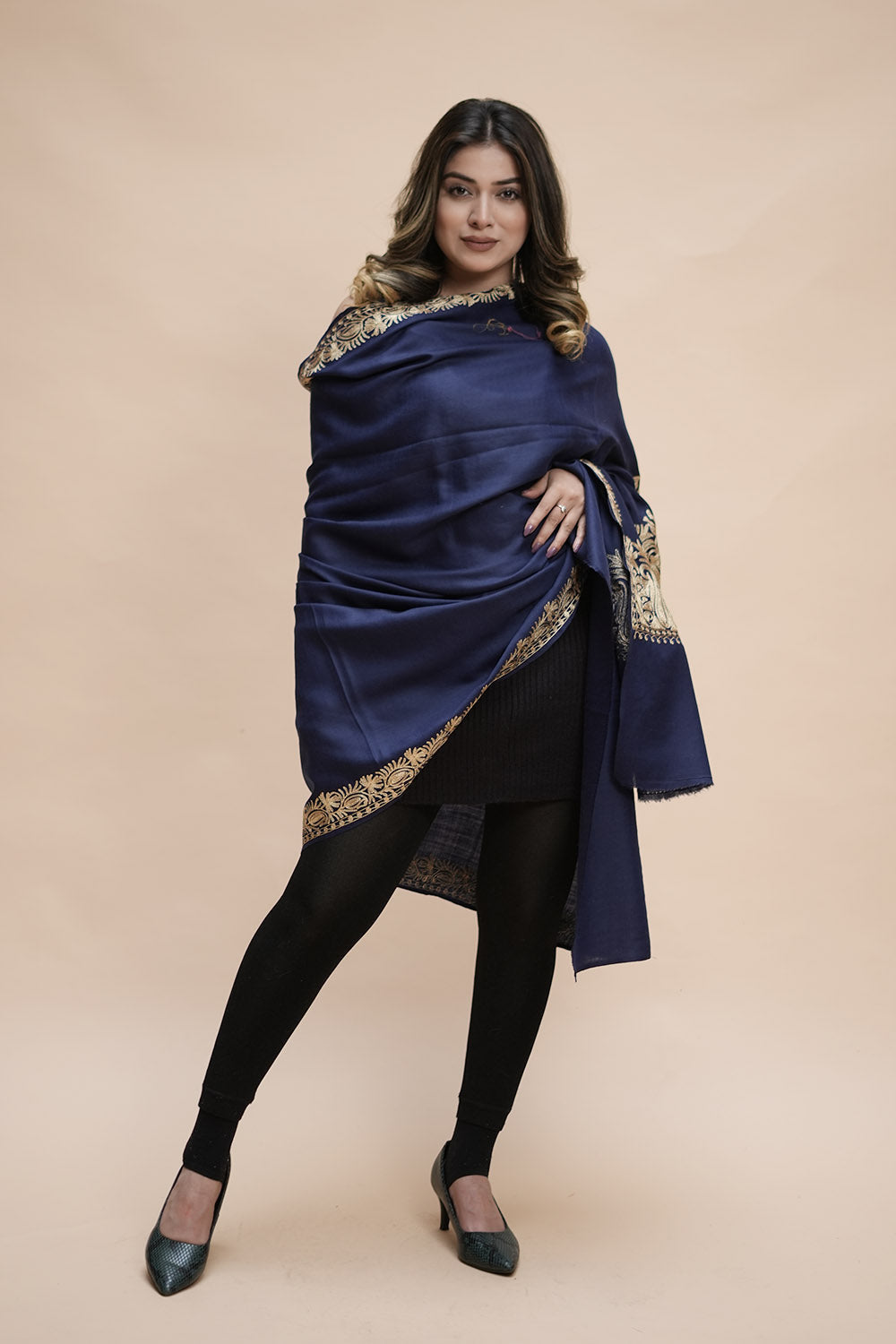 Blue Colour Semi Pashmina Shawl Enriched With Ethnic Heavy