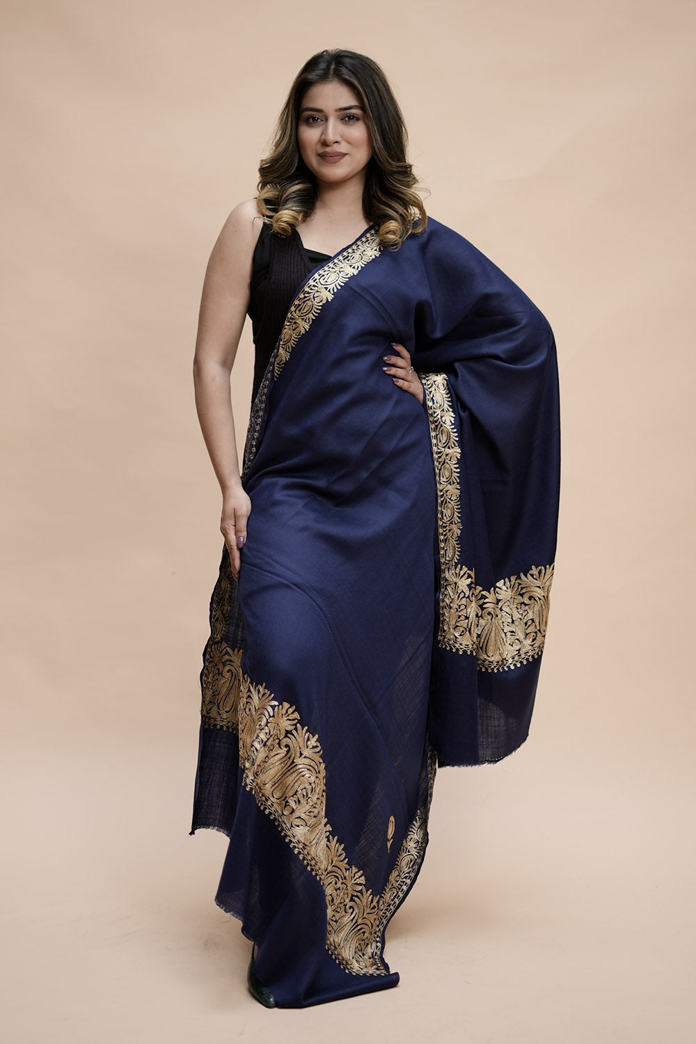 Blue Colour Semi Pashmina Shawl Enriched With Ethnic Heavy