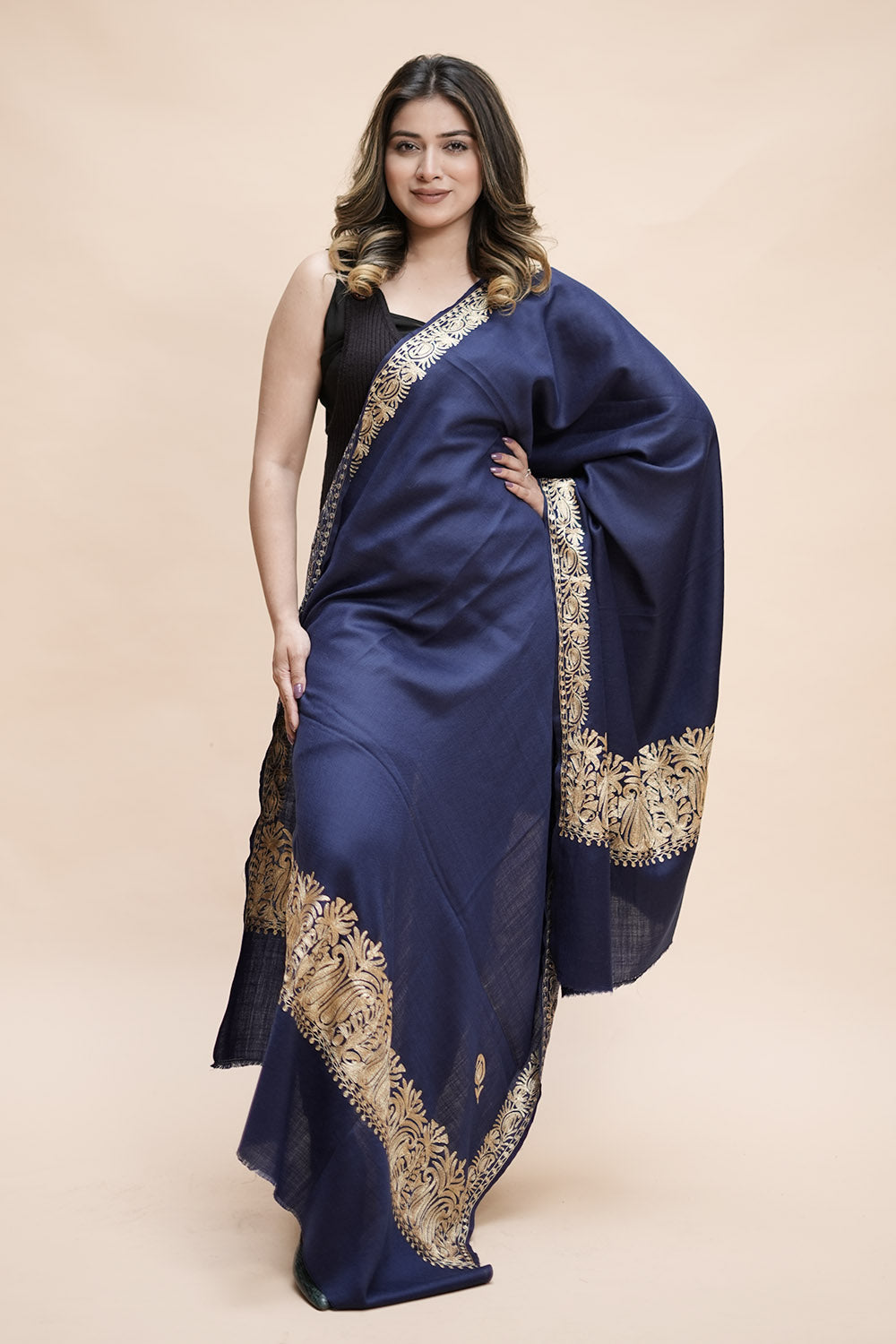 Blue Colour Semi Pashmina Shawl Enriched With Ethnic Heavy