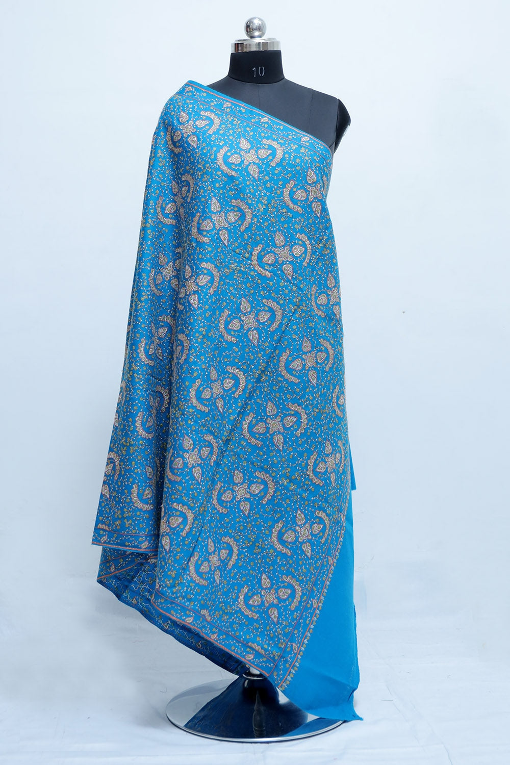 Blue Colour Sozni Shawl With Richly Embroidered Border