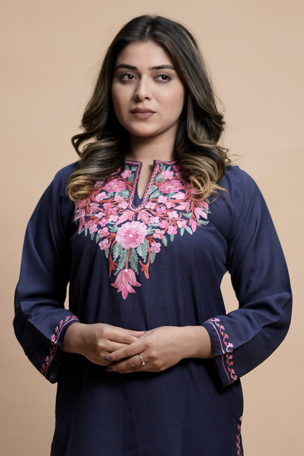 Blue Cotton Aari Work Kurti With Multicoloured Designer