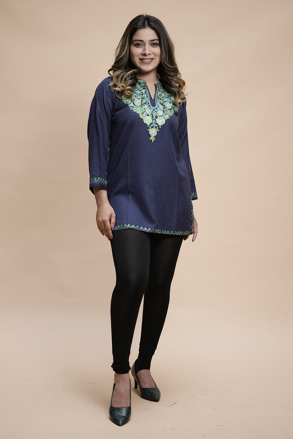 Blue Cotton Aari Work Kurti With Multicoloured Designer