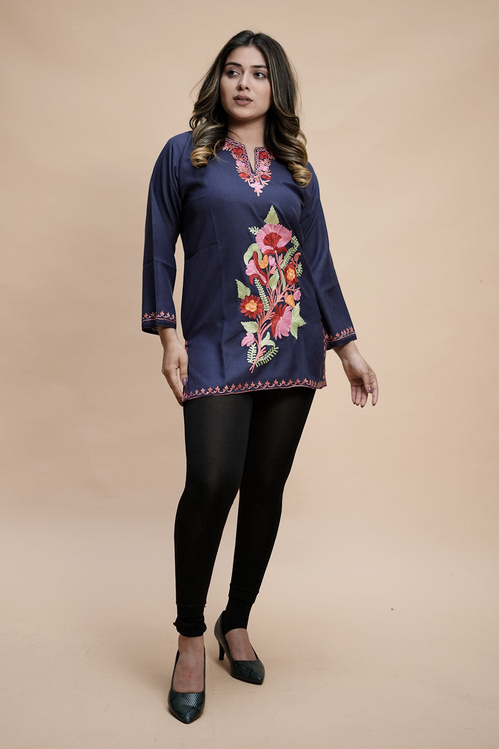 Blue Cotton Aari Work Kurti With Multicoloured Designer