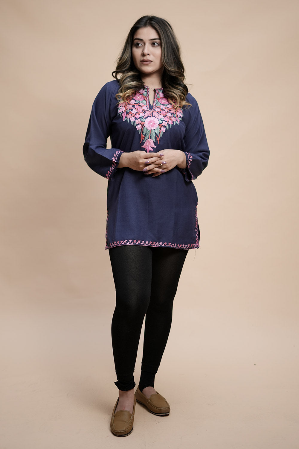 Blue Cotton Aari Work Kurti With Multicoloured Designer