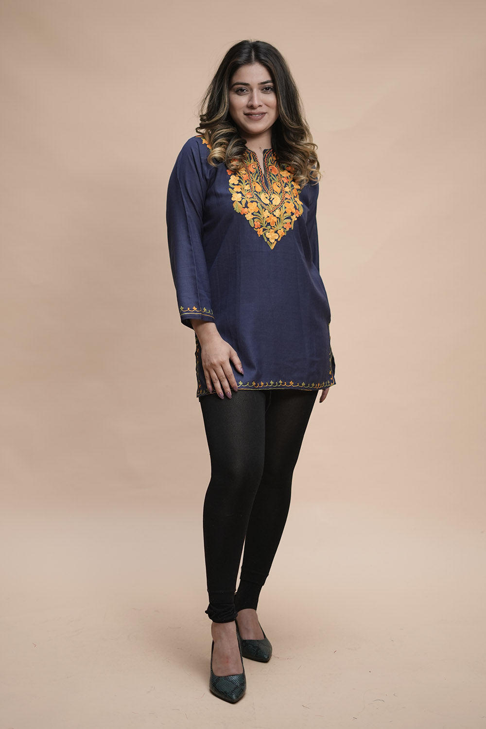 Blue Cotton Aari Work Kurti With Multicoloured Designer