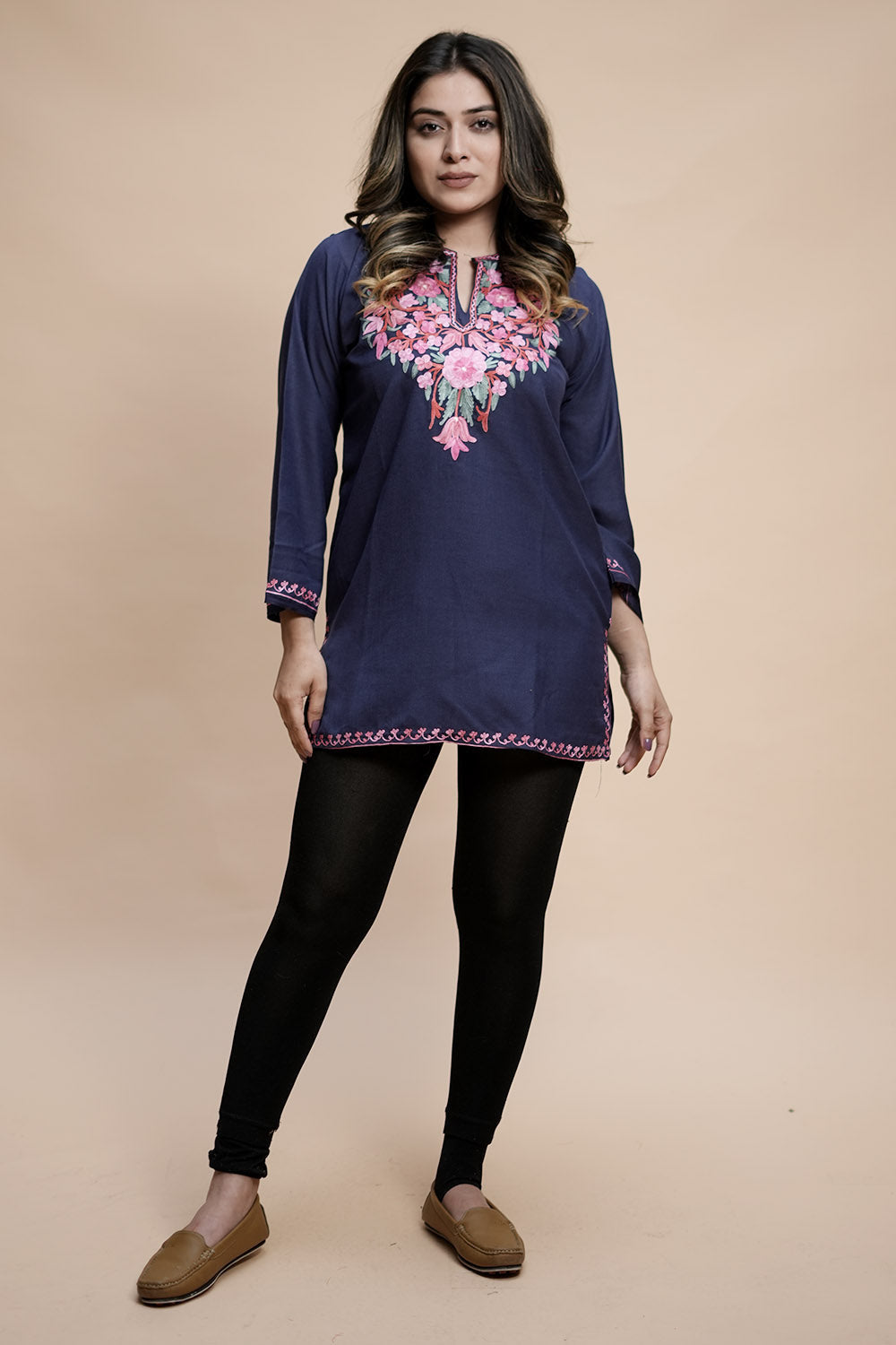 Blue Cotton Aari Work Kurti With Multicoloured Designer