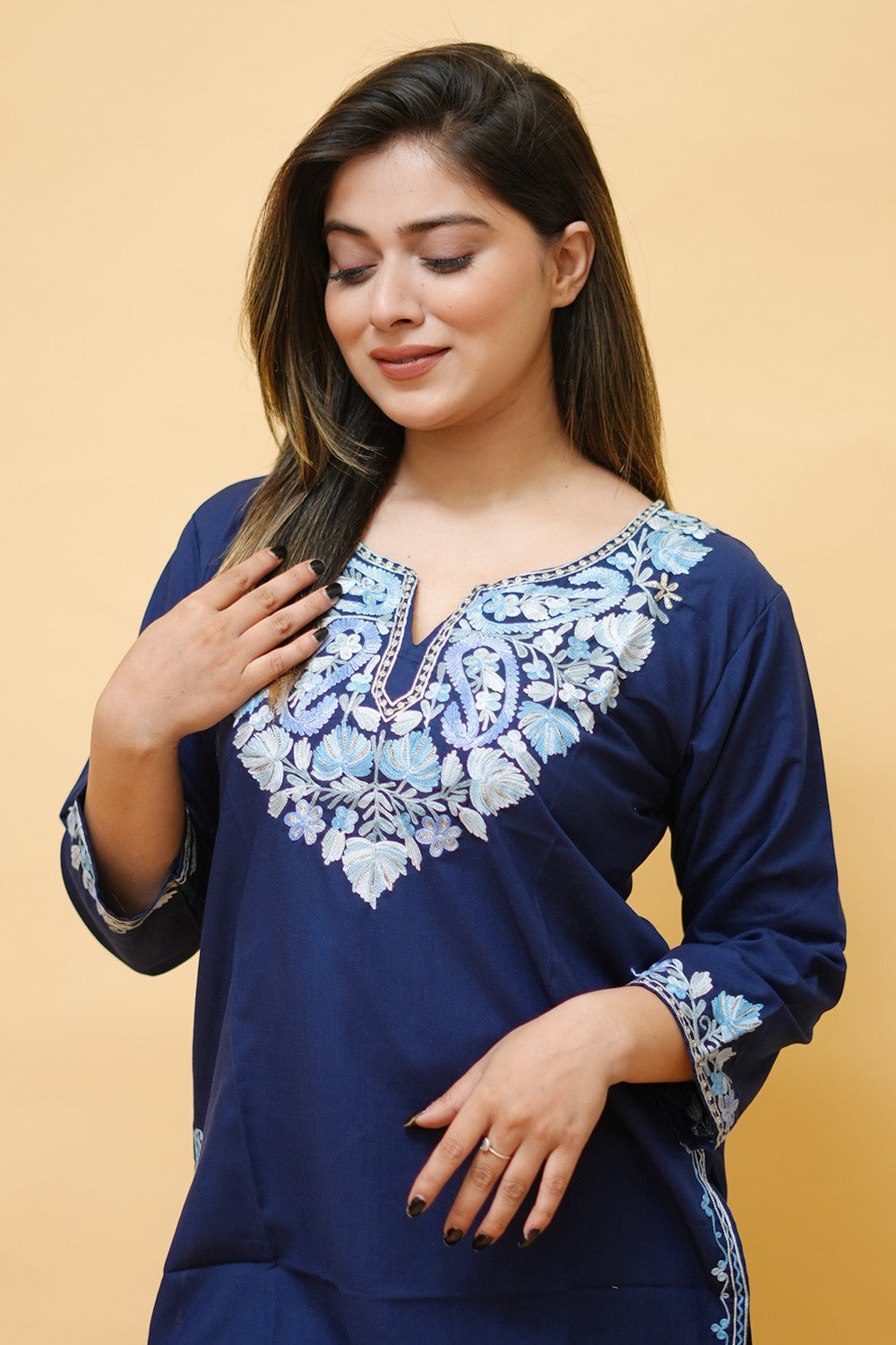 Blue Cotton Aari Work Kurti With Multicoloured Neckline