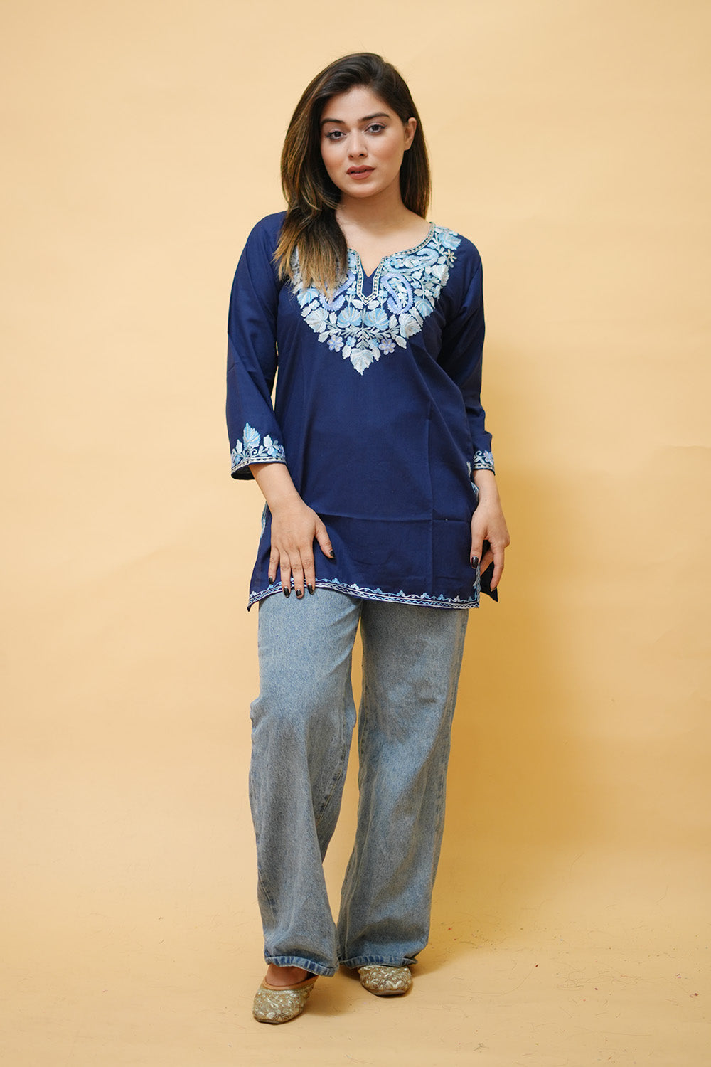 Blue Cotton Aari Work Kurti With Multicoloured Neckline