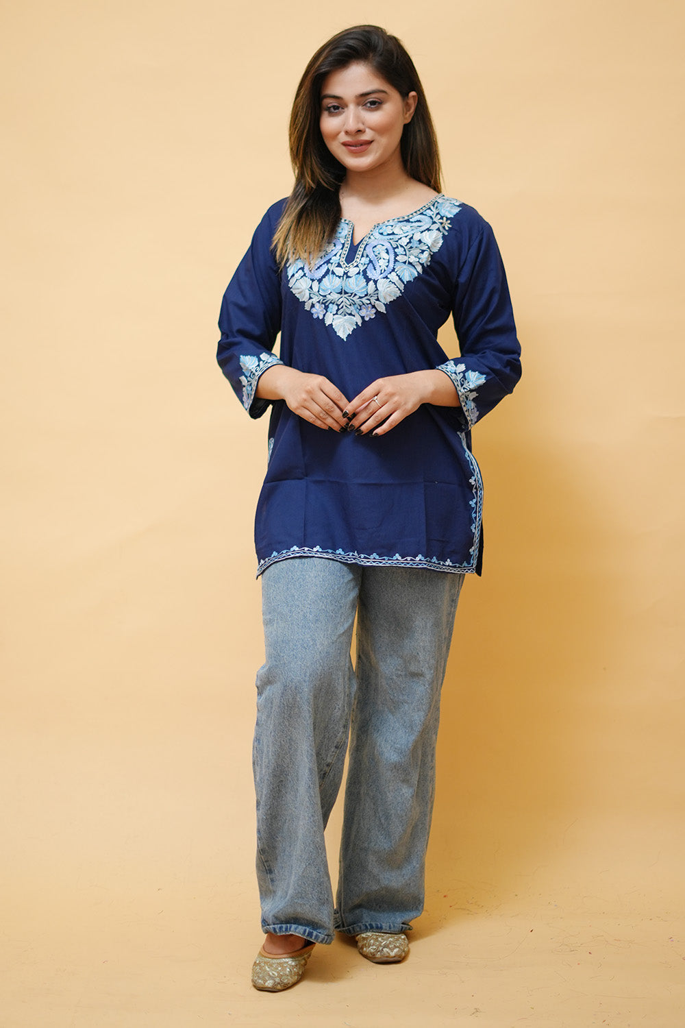 Blue Cotton Aari Work Kurti With Multicoloured Neckline
