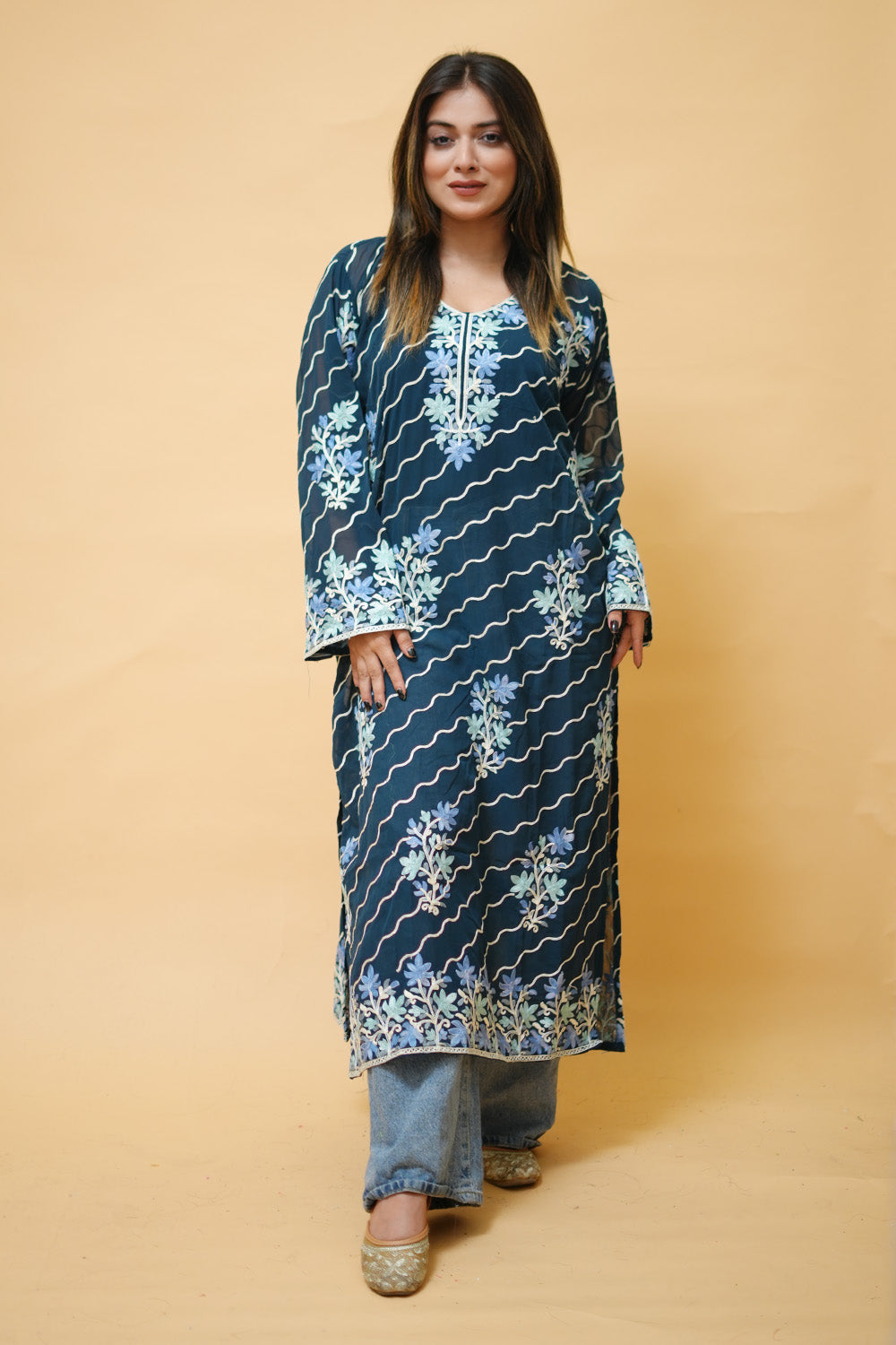 Blue Diagonal Kashmiri Kurti With Multicolour all over