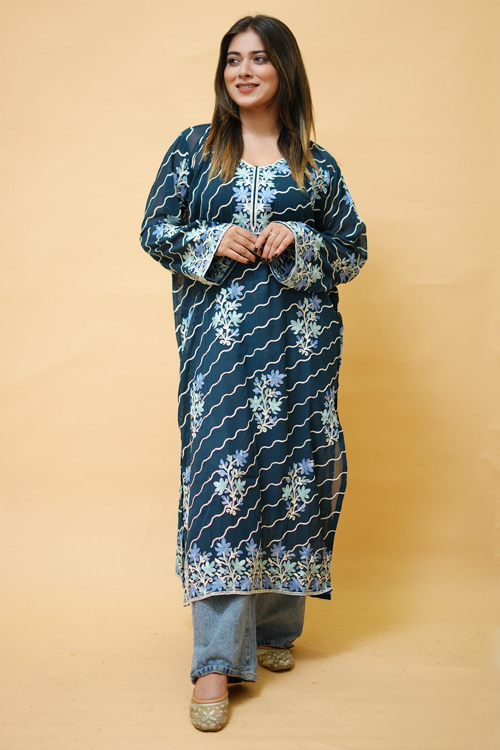 Blue Diagonal Kashmiri Kurti With Multicolour all over