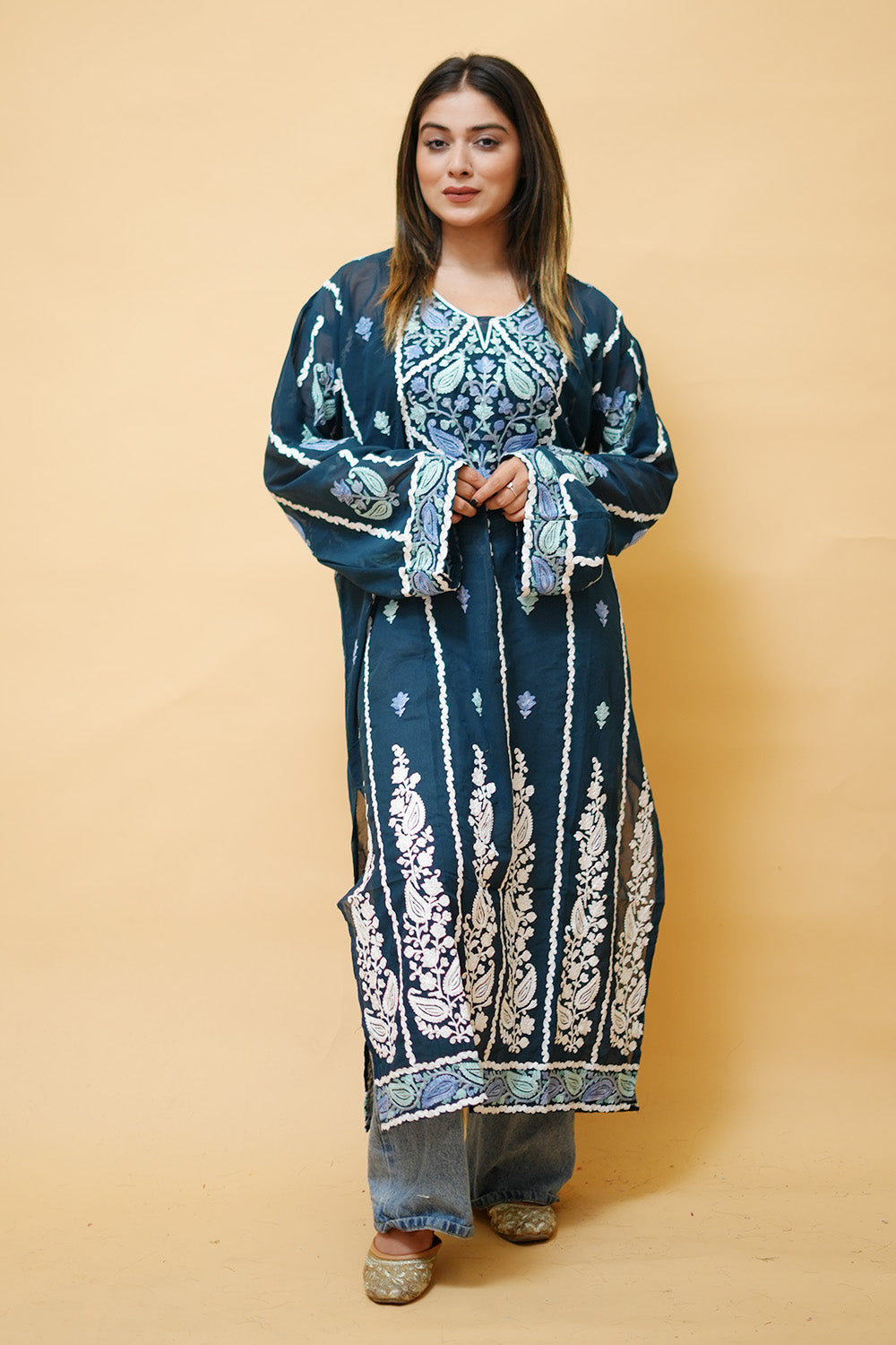 Blue Lining Kashmiri Kurti With Multicolour all over Front