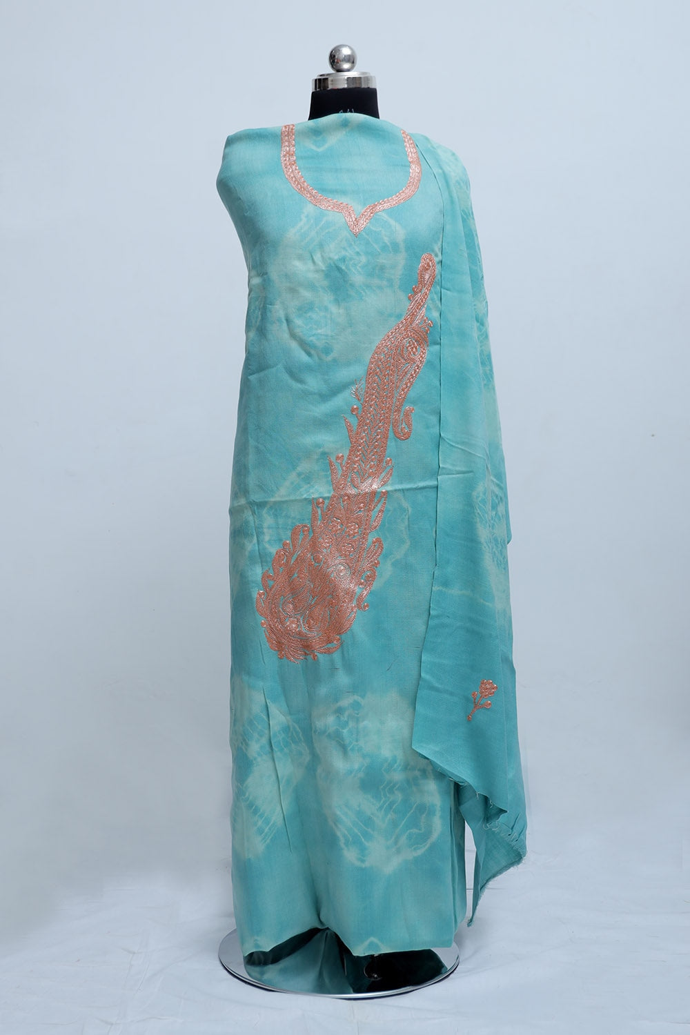 Sky Blue Tye And Dye Semi Pashmina Suit Having Tilla Neck