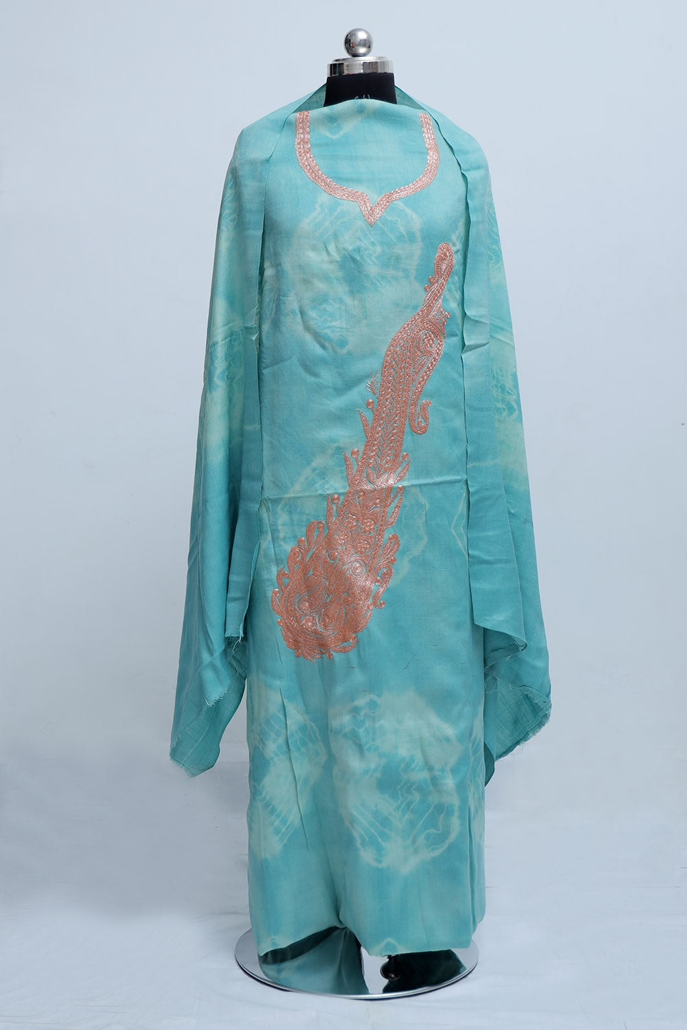 Sky Blue Tye And Dye Semi Pashmina Suit Having Tilla Neck