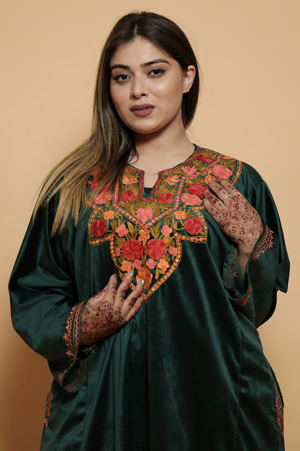 Bottle Green Color Kashmiri Pheran Set With Kashida Aari