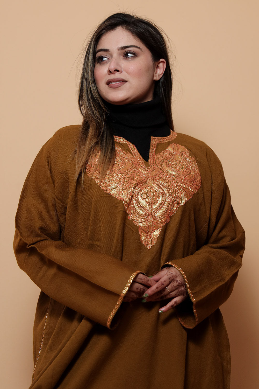 Brown Color Kashmiri Work Embroidered Phiran Enriched