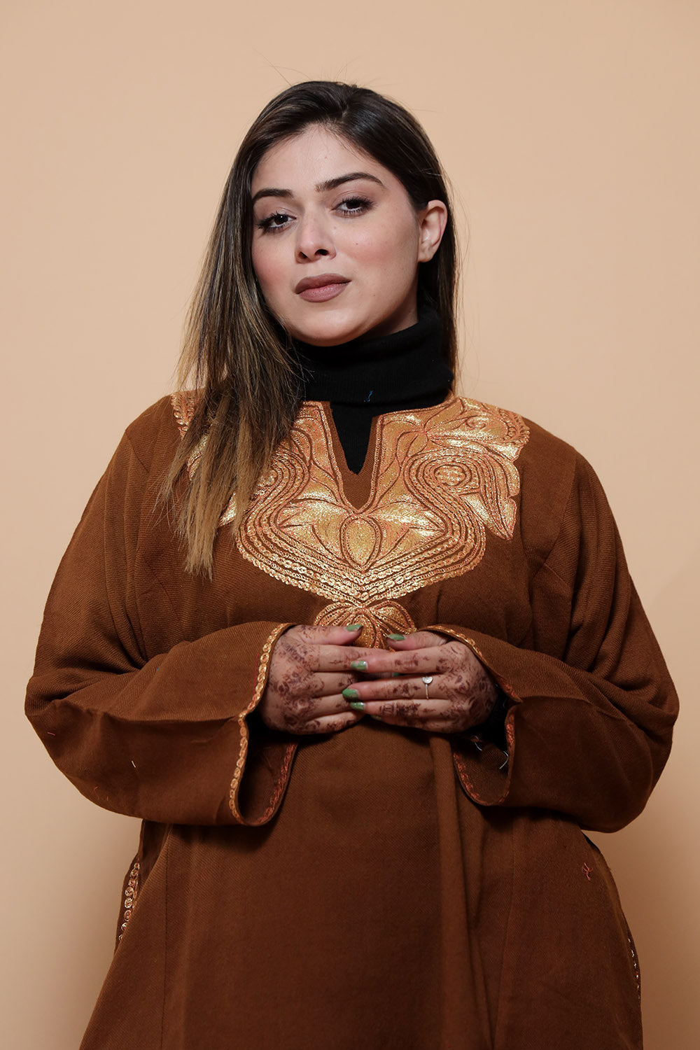 Brown Color Kashmiri Work Embroidered Phiran Enriched