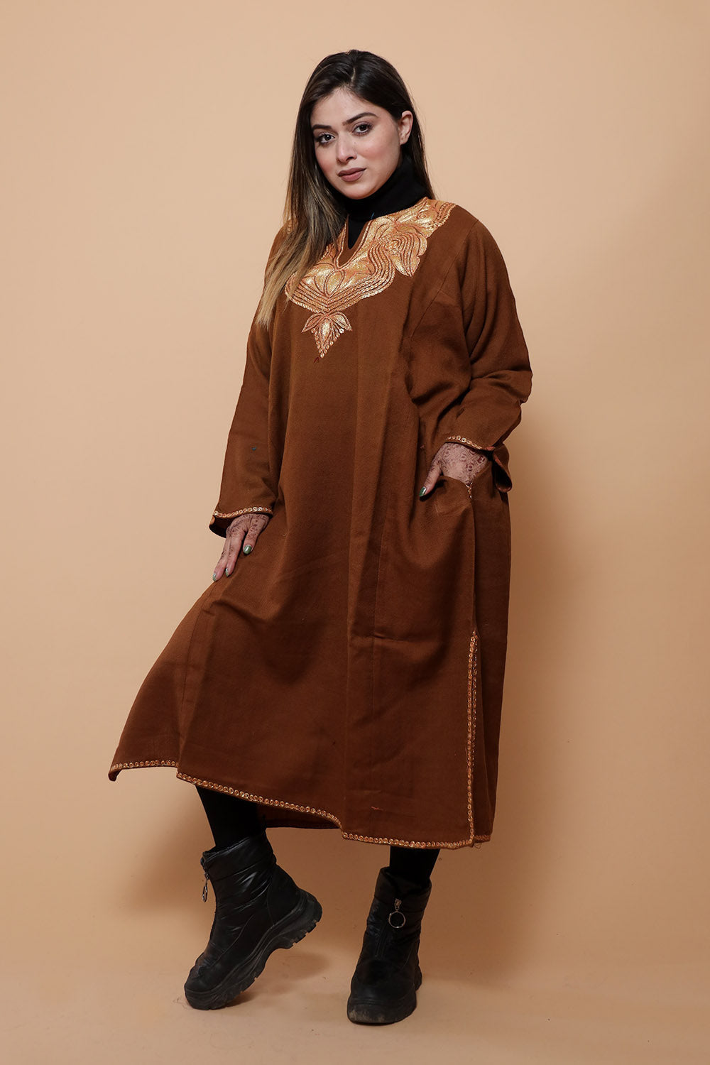 Brown Color Kashmiri Work Embroidered Phiran Enriched