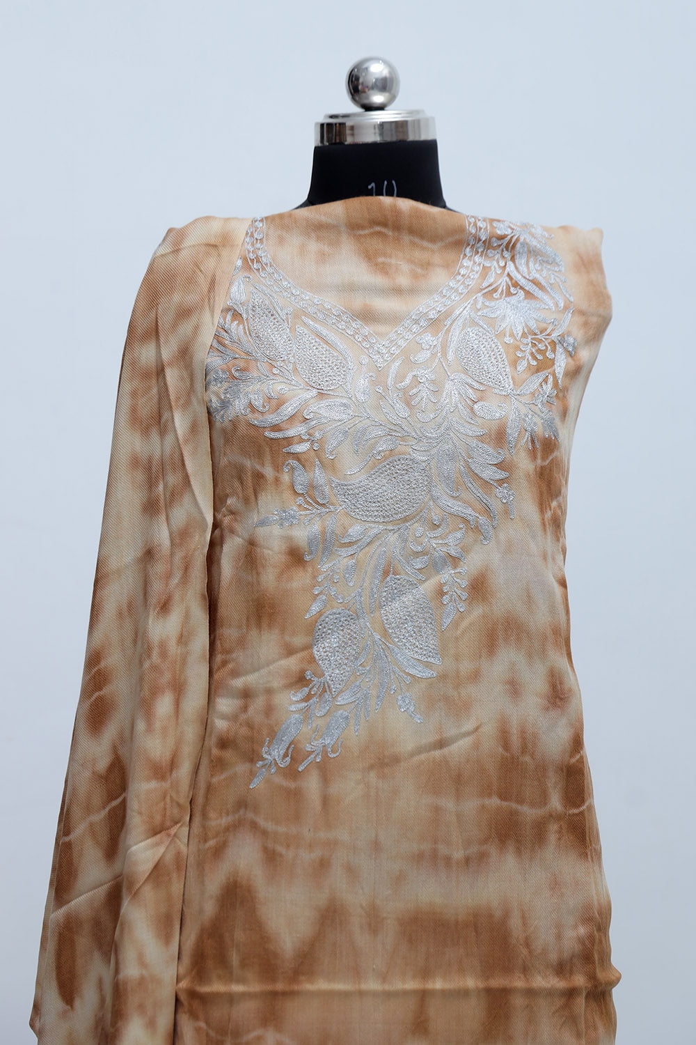 Brown Color Tye And Dye Semi Pashmina Suit Having Tilla