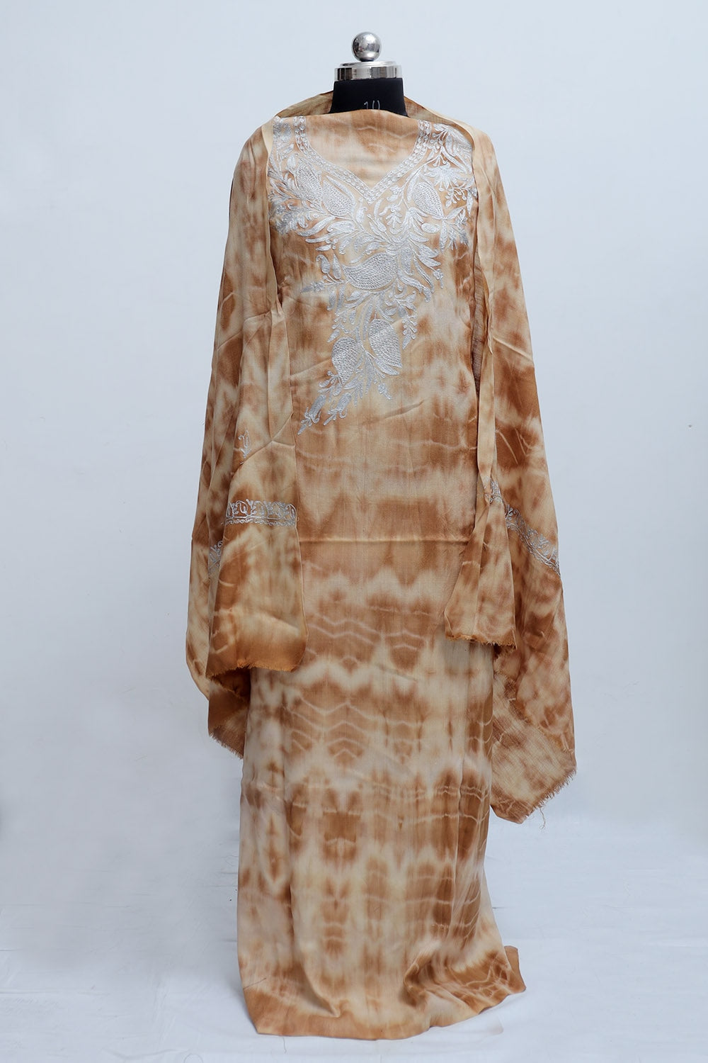 Brown Color Tye And Dye Semi Pashmina Suit Having Tilla