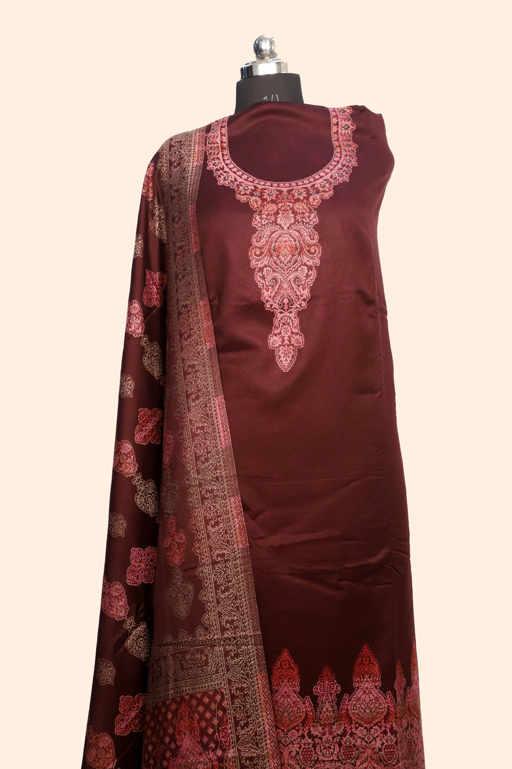 Brown Color Woolen Kashmiri Kani Work Unstitched Suit