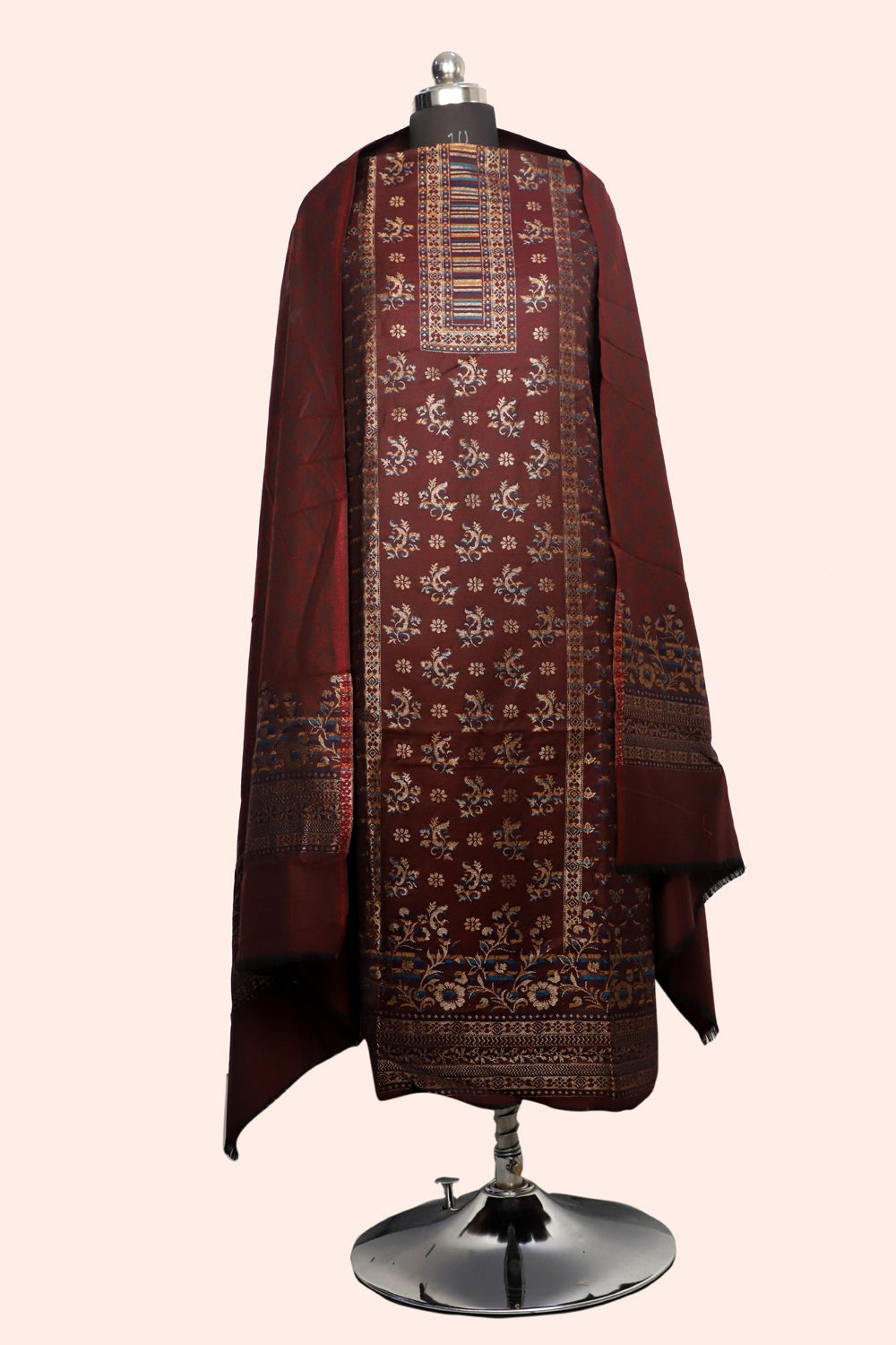 Brown Color Woolen Kashmiri Kani Work Unstitched Suit