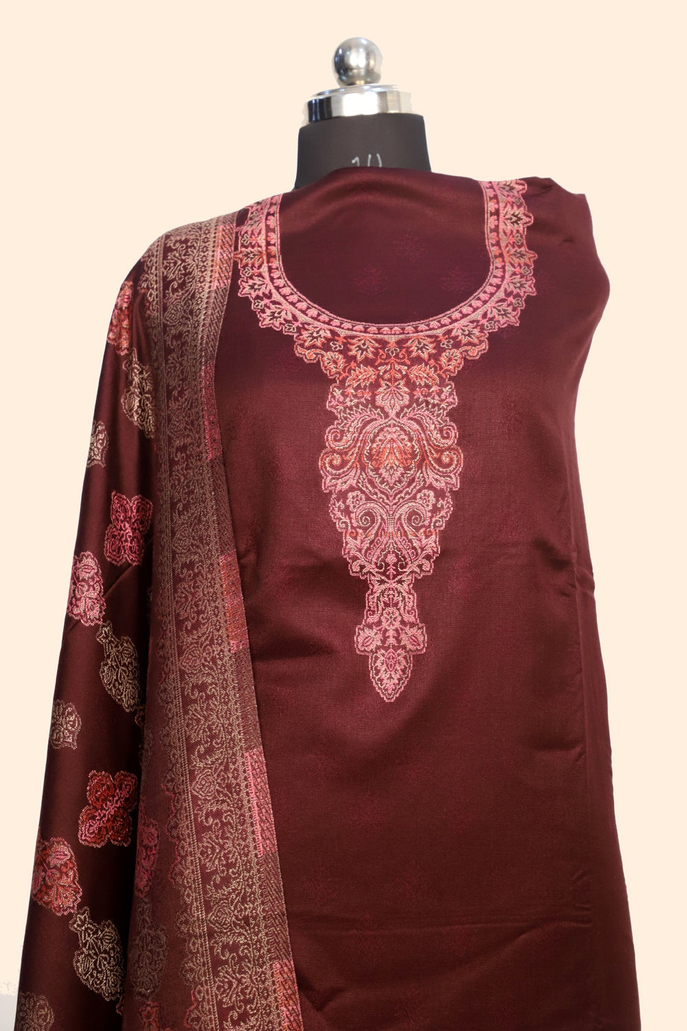 Brown Color Woolen Kashmiri Kani Work Unstitched Suit