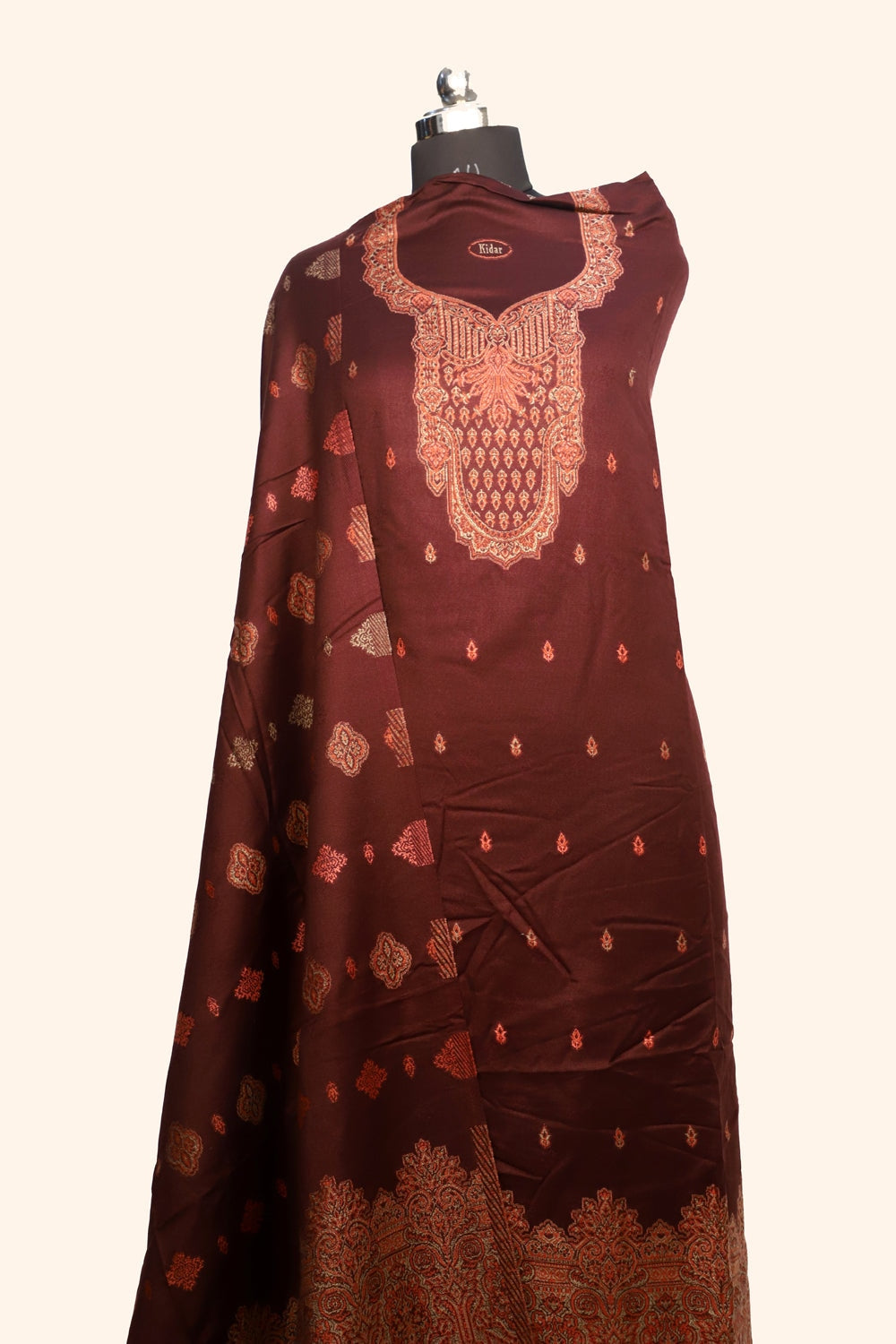 Brown Color Woolen Kashmiri Kani Work Unstitched Suit