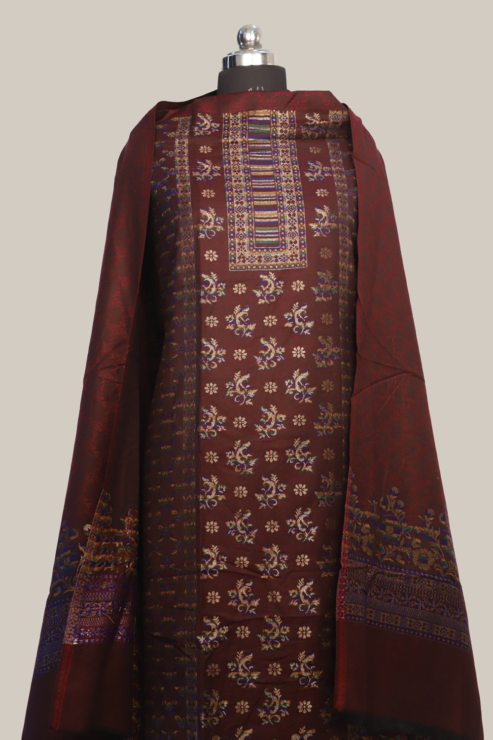 Brown Color Woolen Kashmiri Kani Work Unstitched Suit
