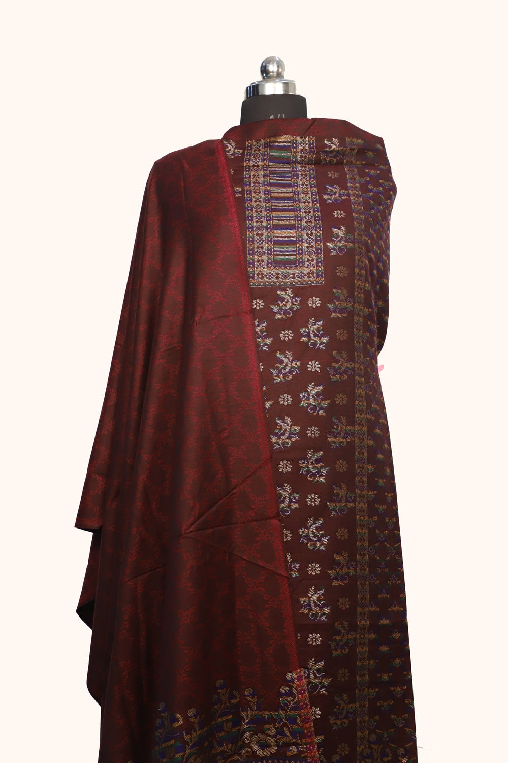 Brown Color Woolen Kashmiri Kani Work Unstitched Suit
