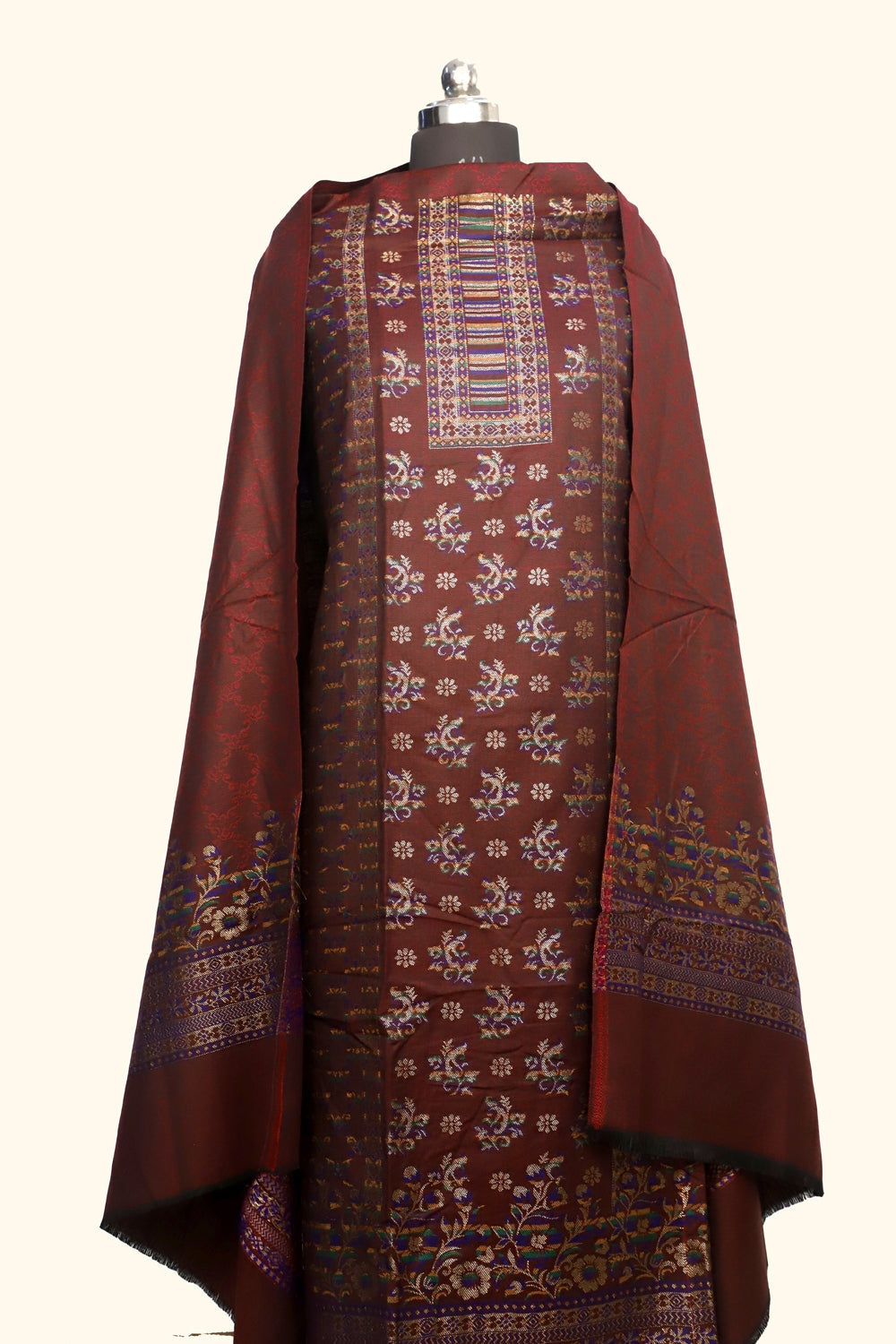 Brown Color Woolen Kashmiri Kani Work Unstitched Suit