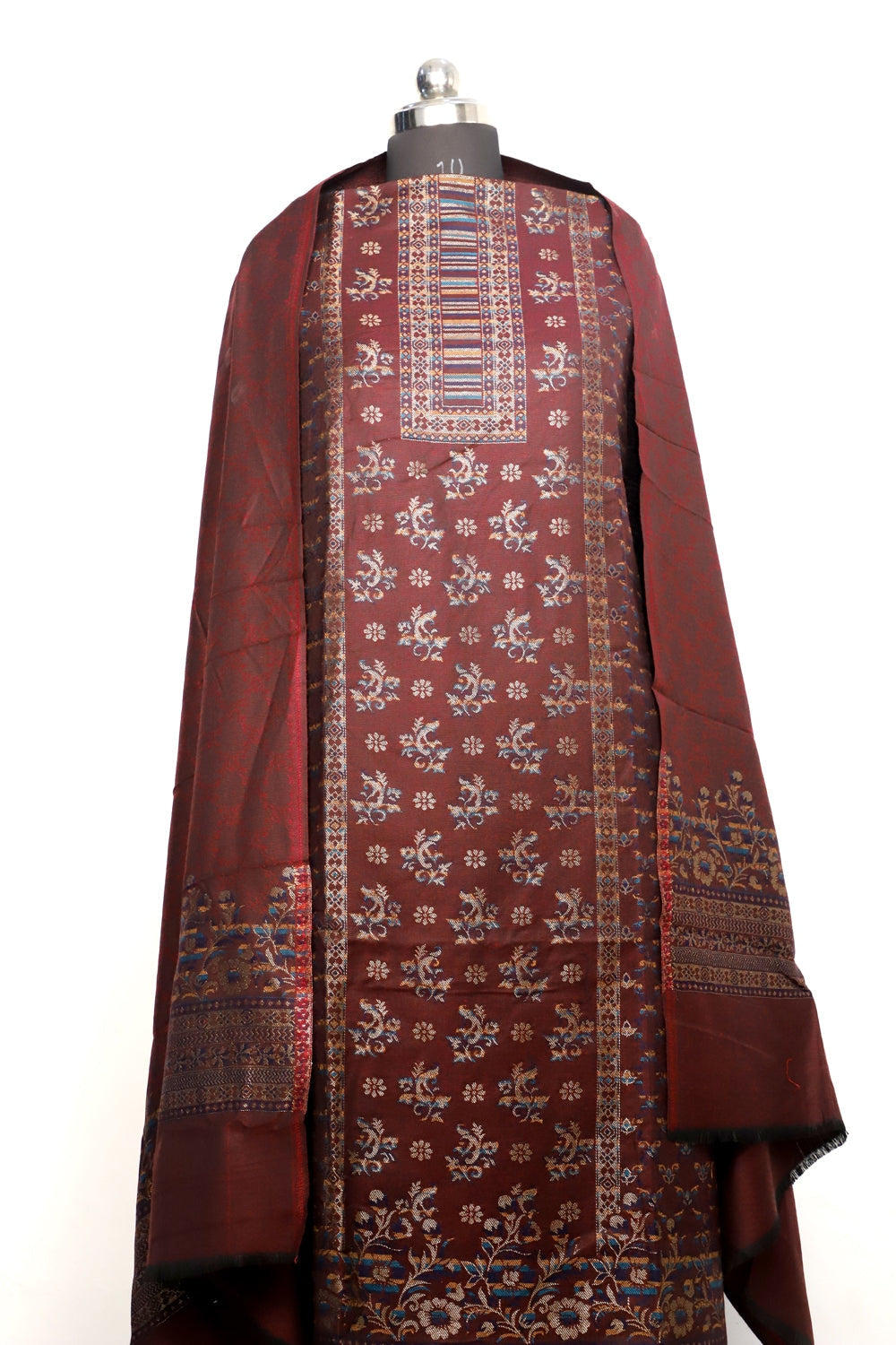 Brown Color Woolen Kashmiri Kani Work Unstitched Suit