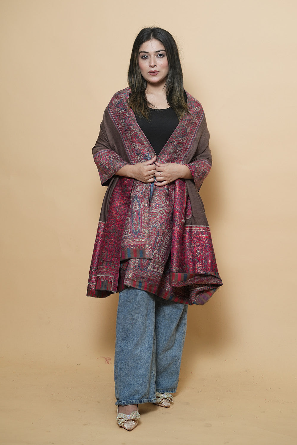 Brown Colour Kani Shawl With Style Bold And Dense Border