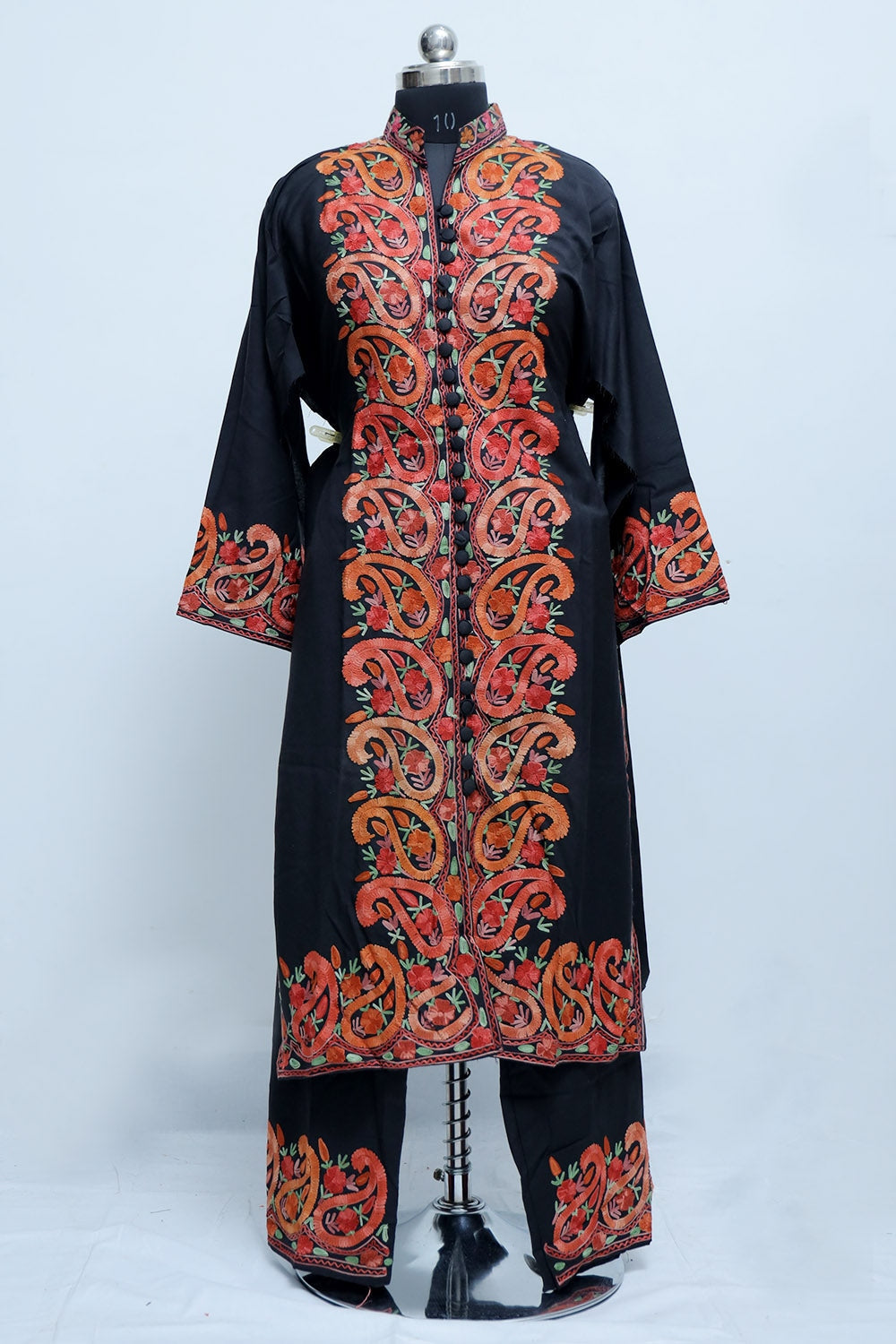 Charcoal Black Kashmiri Designer Embroidered Semi-Stitched