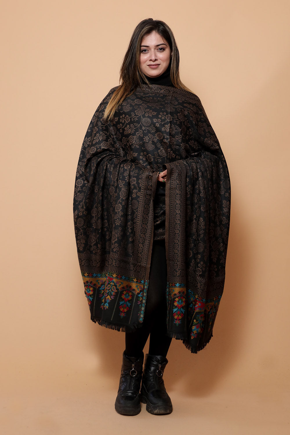 Charismatic Black COLOUR KANI SHAWL WORK DEFINES ROYAL