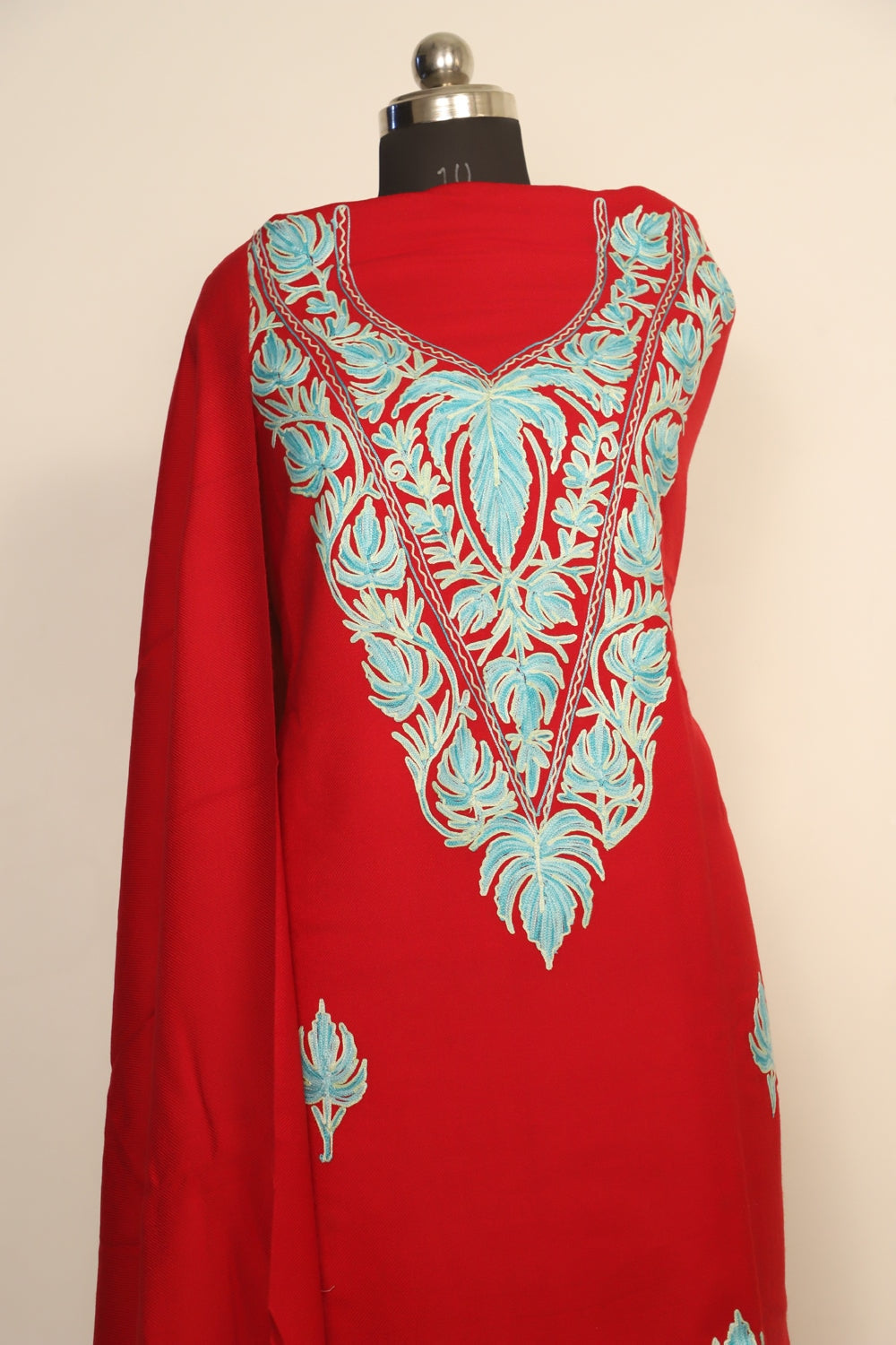 Red Color Kashmiri Woolen Aari Work Embroidered Unstitched
