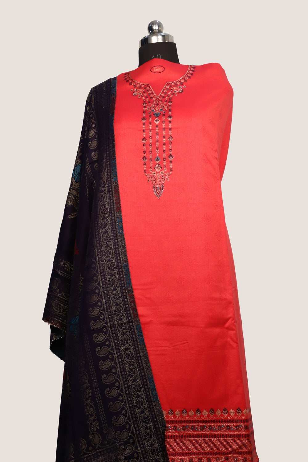 Red Color Woolen Kashmiri Kani Work Unstitched Suit Fabric