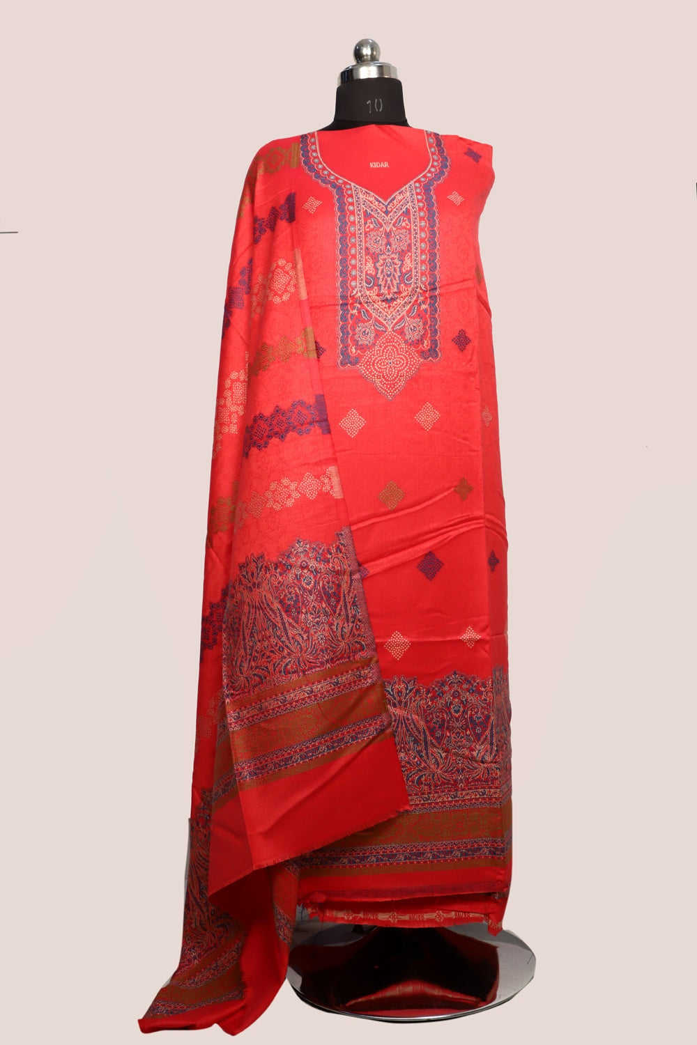 Red Color Woolen Kashmiri Kani Work Unstitched Suit Fabric