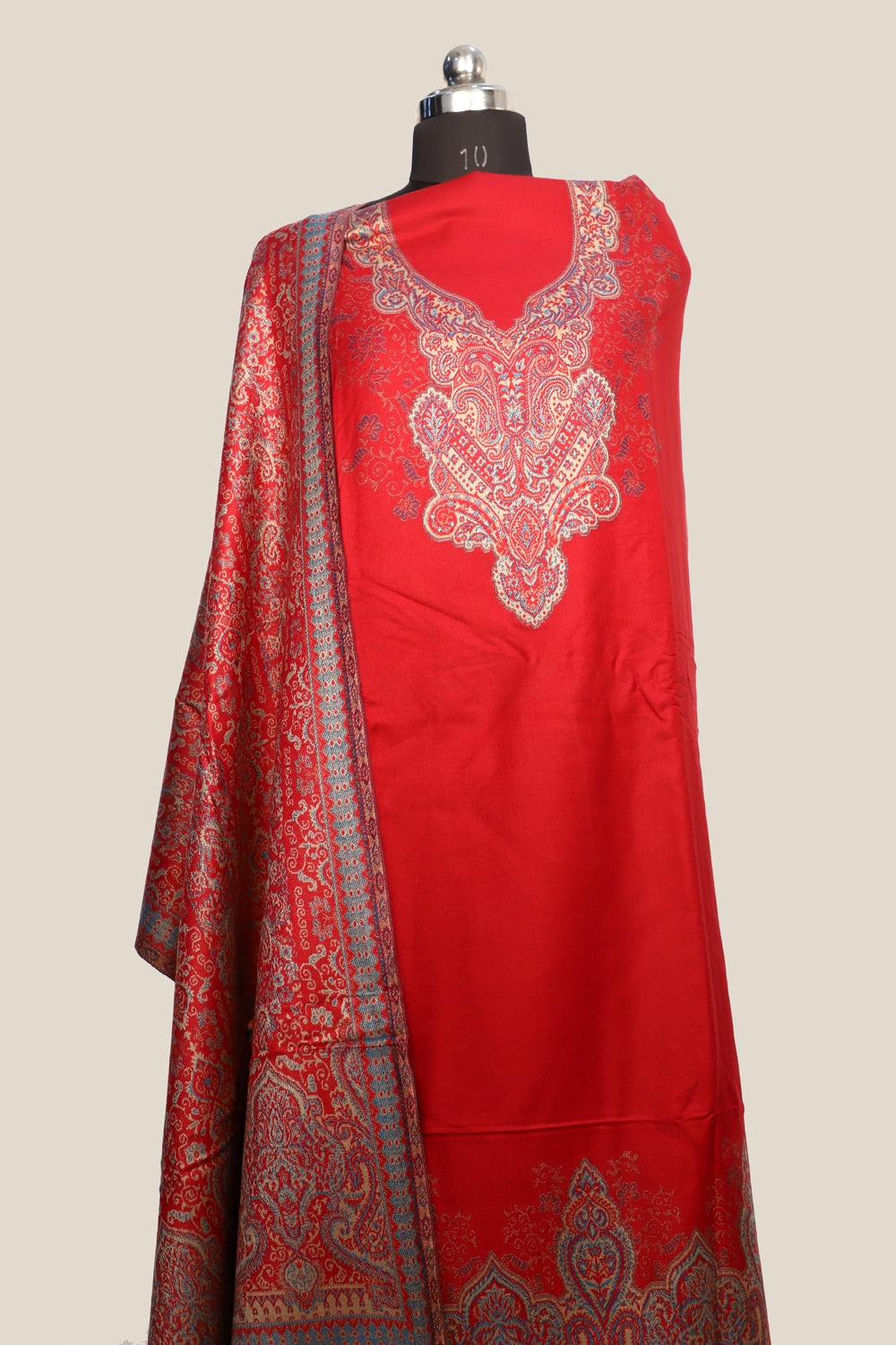 Red Color Woolen Kashmiri Kani Work Unstitched Suit Fabric
