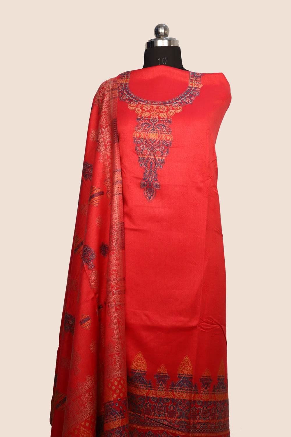 Red Color Woolen Kashmiri Kani Work Unstitched Suit Fabric