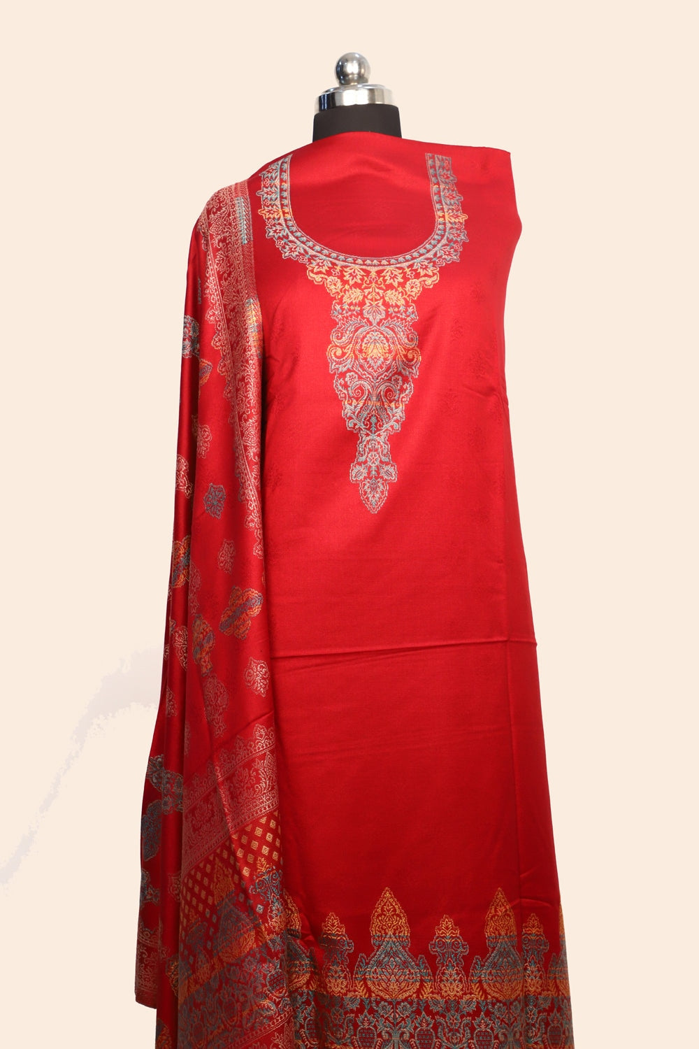 Red Color Woolen Kashmiri Kani Work Unstitched Suit Fabric