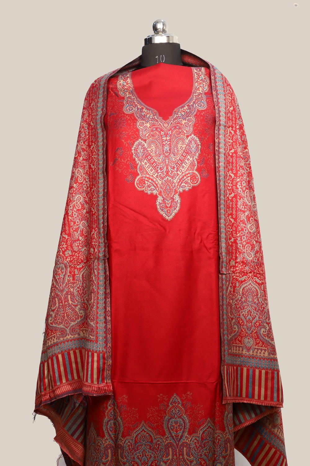 Red Color Woolen Kashmiri Kani Work Unstitched Suit Fabric