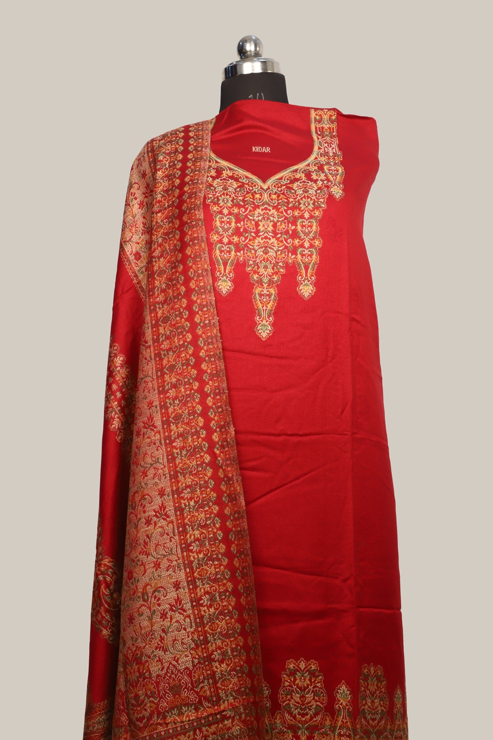 Red Color Woolen Kashmiri Kani Work Unstitched Suit Fabric