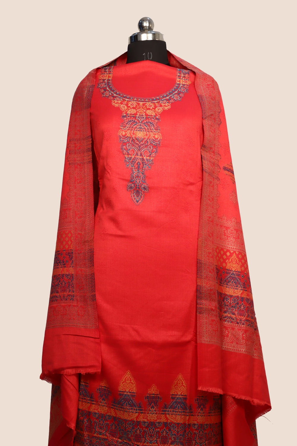 Red Color Woolen Kashmiri Kani Work Unstitched Suit Fabric