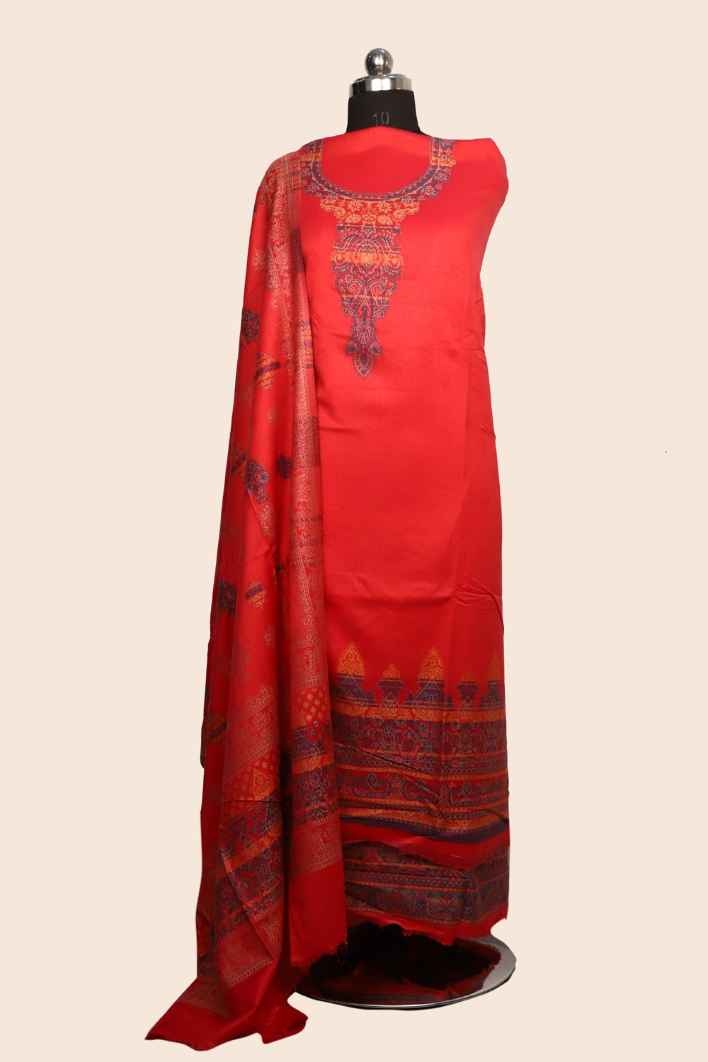 Red Color Woolen Kashmiri Kani Work Unstitched Suit Fabric