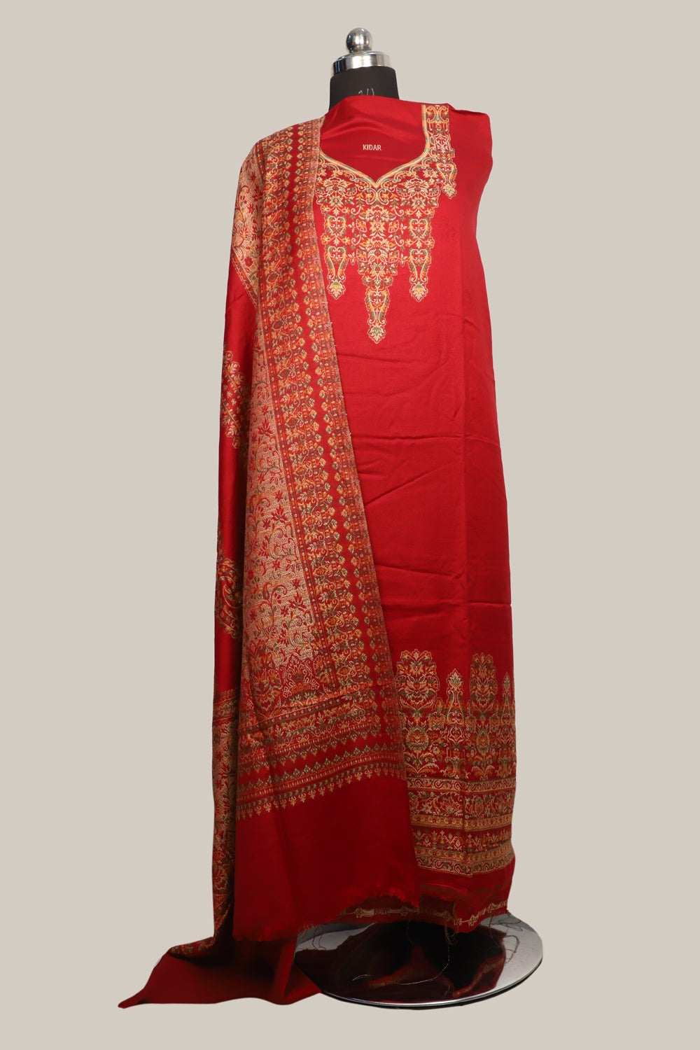 Red Color Woolen Kashmiri Kani Work Unstitched Suit Fabric