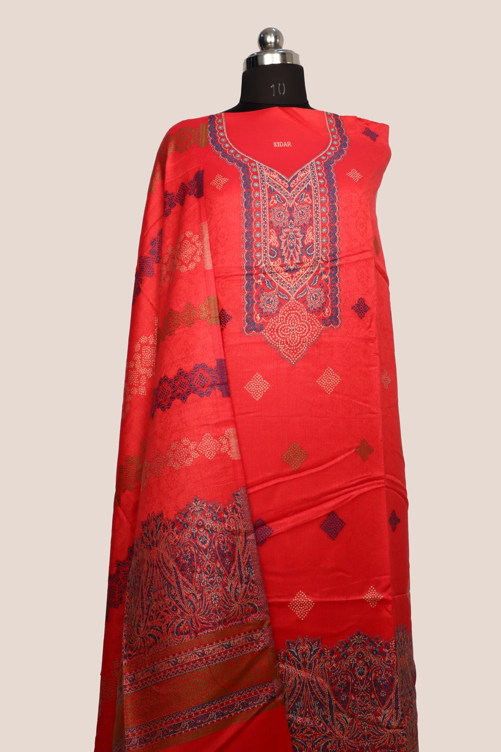 Red Color Woolen Kashmiri Kani Work Unstitched Suit Fabric