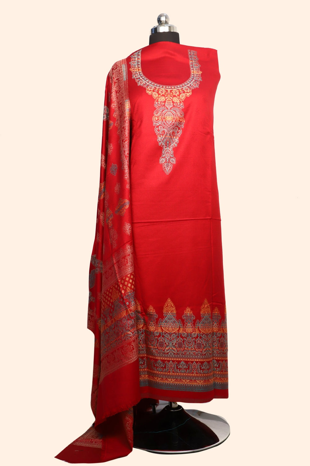 Red Color Woolen Kashmiri Kani Work Unstitched Suit Fabric