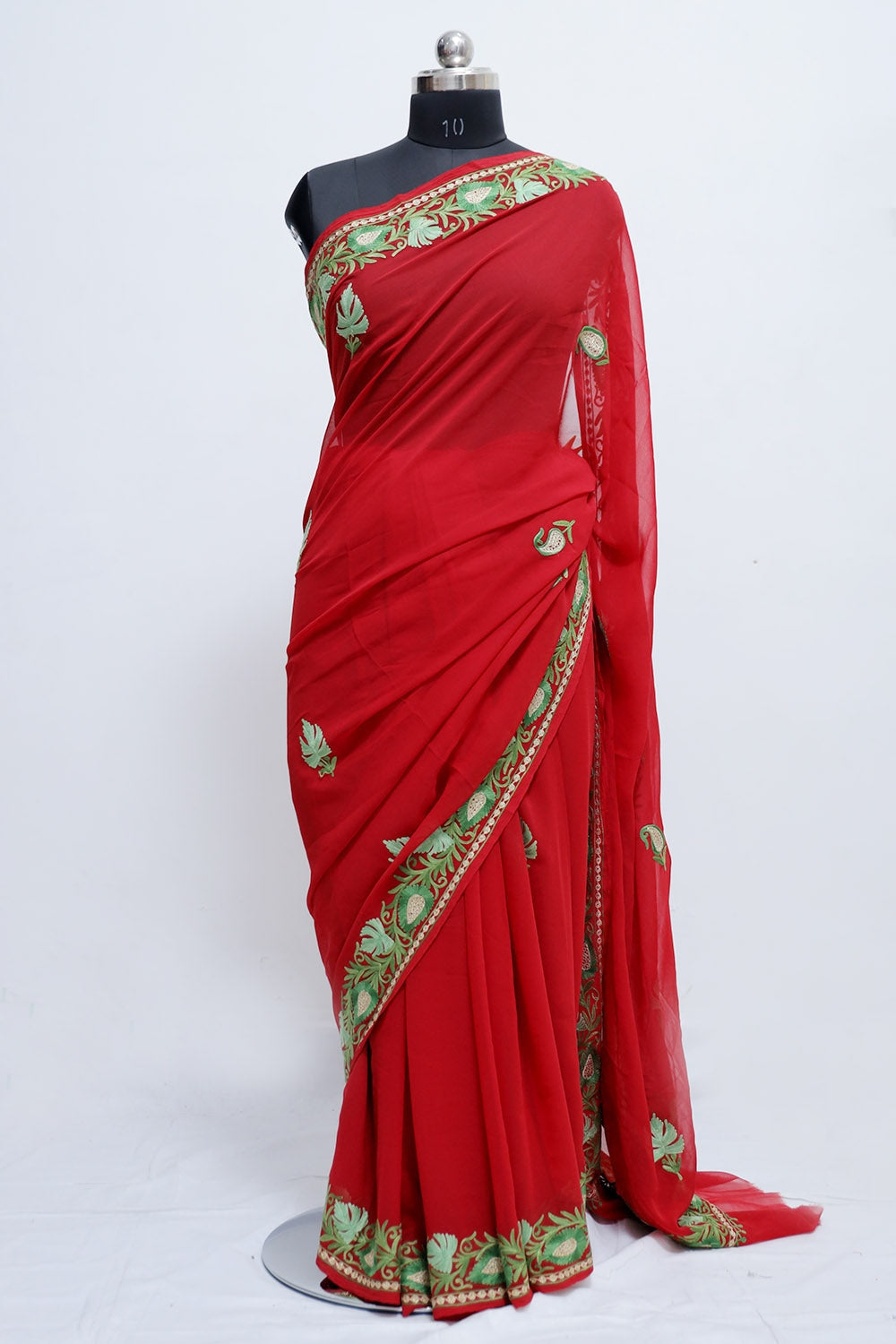 Red Colour Kashmiri Aari Work Embroidery Saree Enriched