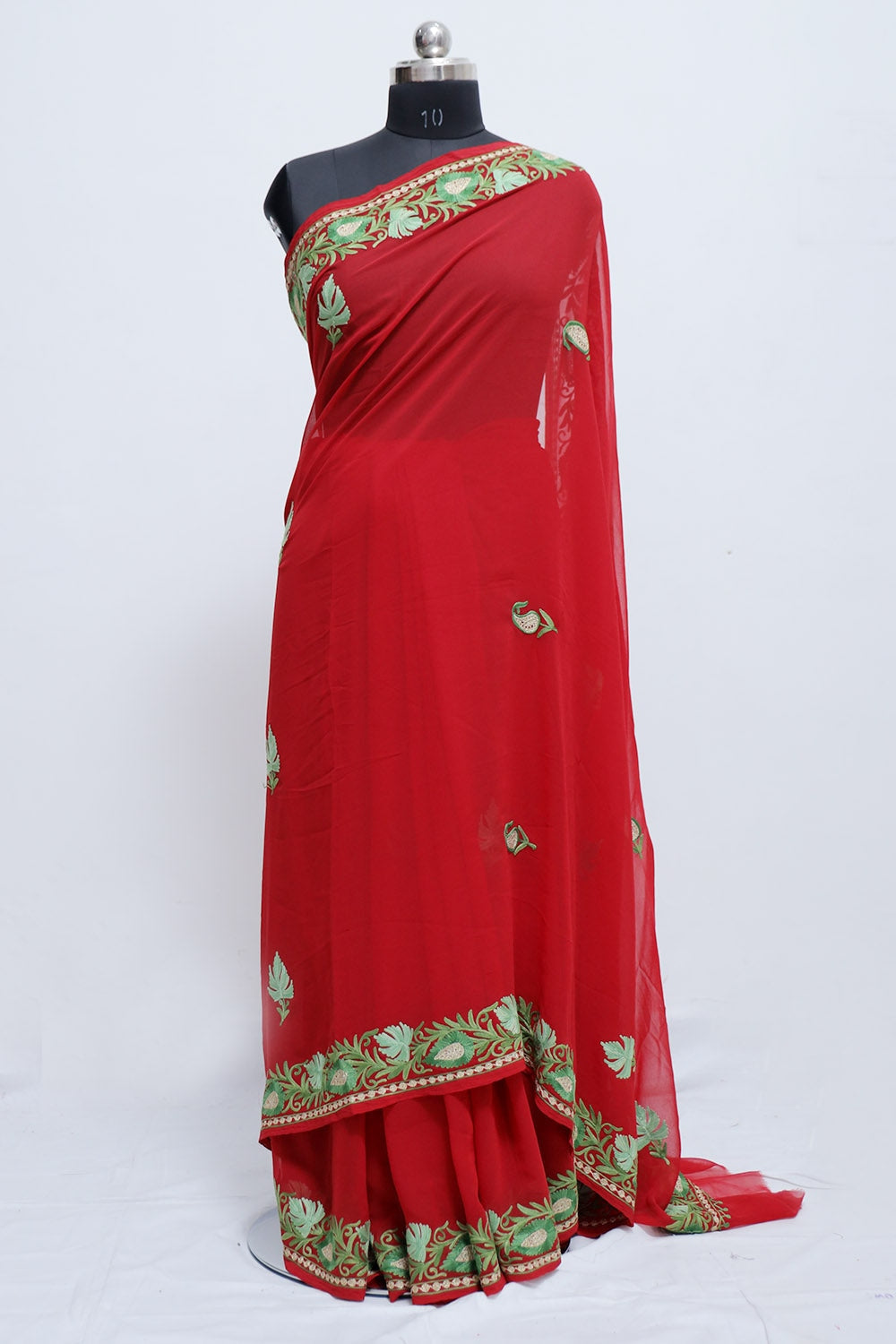 Red Colour Kashmiri Aari Work Embroidery Saree Enriched